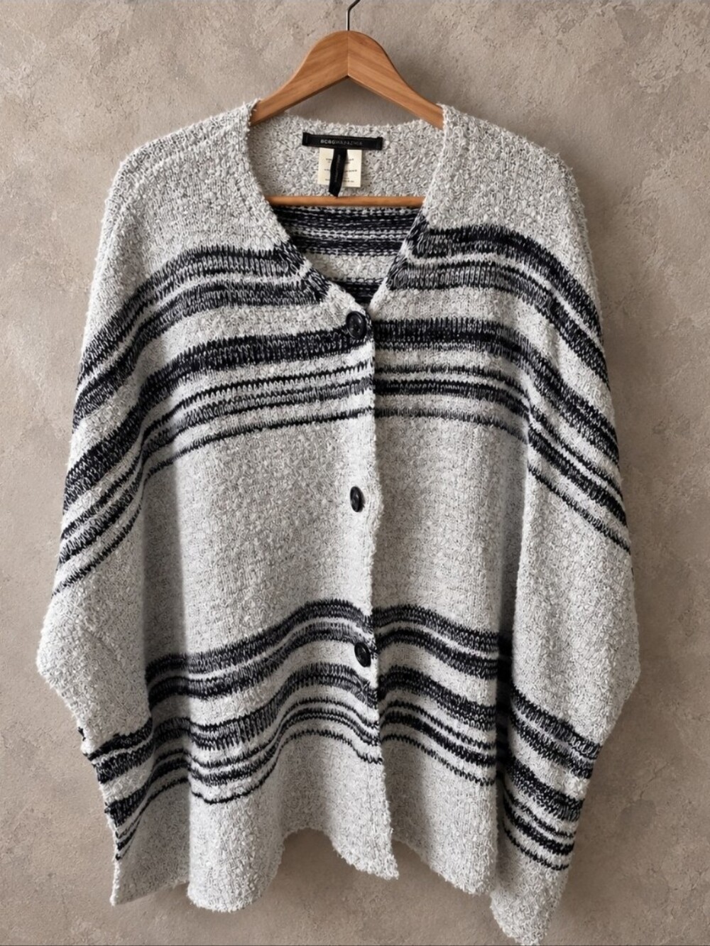 BCBGMaxAzria Cream & Black Striped Bouclé Button Poncho Cardigan